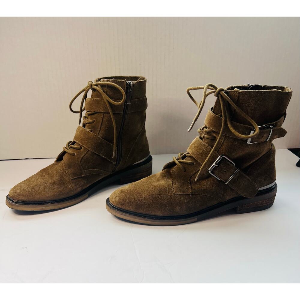 Vince Camuto Brown Suede Leather Combat Moto Tokode Zip Up Ankle‎ Boots Sz 8